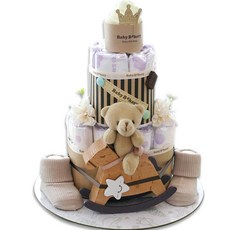 babybakery 嬰兒用騎木馬小熊 2層尿布蛋糕 百日, 白色, 米色, 棕色, 1個