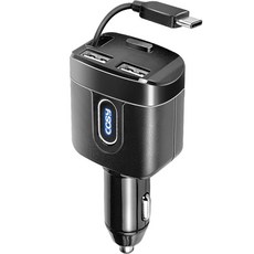 COSY 車用 Type-C 一鍵式自動捲線 USB 2埠高速充電器 90cm, CGR4079AT, 黑色
