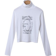 시크블랙 여성용 모미딕 레터 프린팅 기모 크롭 목폴라 긴팔티 cpt11296k2b