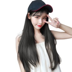 하이유니 스트레이트 펌 시스루 뱅 헤어 모자 가발 50cm, 네츄럴블랙, 1개