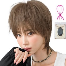 HiYuni 層次剪短髮髮型整頂假髮 35cm + 假髮網 + 支架組合, 1個, 冷棕色(假髮), 隨機出貨(支架)