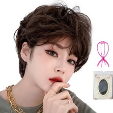 HiYuni 豐盈燙短髮 整頂假髮 28cm + 髮網 + 支架組, 冷棕色(假髮), 隨機出貨(支架), 1個