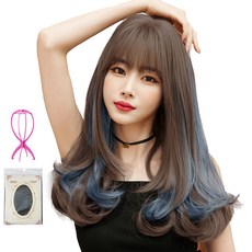 HiYuni 雙色C字內彎燙整頂假髮 53cm + 髮網 + 支架套組, 冷棕色(假髮), 隨機出貨(支架), 1個