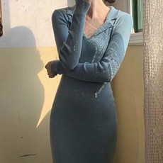 페이퍼먼츠 더블 카라 브이넥 슬림핏 골지 니트 원피스 03564