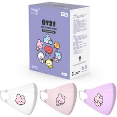 eorinsum Edge LINE FRIENDS BT21 藝術圖騰鳥嘴型彩色口罩 小型 COOKY minini 3款 x 10片組, 30枚入, 1套, 白色, 淺粉色, 淺紫色
