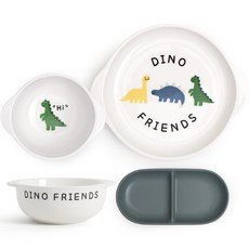 DOHO Dino Friends 幼兒餐具4件組, 盤子 + 分隔盤 + 手拿碗 S + M, 混合色