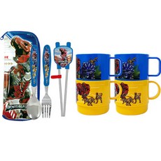 LE BARN Armored Saurus武裝戰龍輔助餐具組+零食杯, 混合顏色, 直筷子+勺子+叉子+餐具+杯子4p