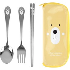 幼兒小熊不鏽鋼餐具組, 湯匙 + 叉子 + 筷子 + 收納盒, 混合顏色