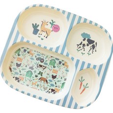 rice 圖案印花孩童方形分格餐盤, 農場款(藍色), 單品