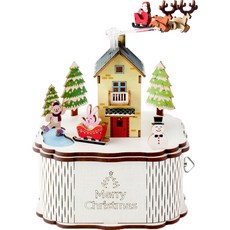 YoungModeler 英工房 DIY 旋轉木質音樂盒 Merry Christmas 小鎮 3D立體拼圖, 混合色, 1個