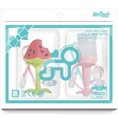 Ange 3D西瓜牙膠+貓榨汁機嬰幼兒套組, 混色, 固齒器+咬咬樂輔食器+替換頭 2入+夾子(隨機出貨) 2入+盒子 2入