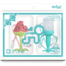 Ange 3D西瓜牙膠+小熊寶寶榨汁機套組, 混色, 固齒器+咬咬樂輔食器+替換頭 2入+夾子(隨機出貨) 2入+盒子 2入