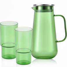 Ribbon J Flora 耐熱玻璃水壺 1.5L + 玻璃杯 480ml x 2p Set, 綠色(玻璃瓶1.5L+玻璃杯480ml 2個)
