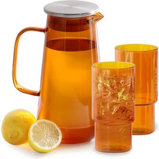 Reborn.J Flora 耐熱玻璃水瓶 1.5L + 玻璃杯 480ml x 2入組, 琥珀色