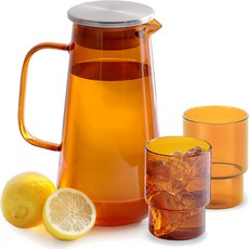 Ribbon J Flora 耐熱玻璃水壺 1.5L + 玻璃杯 260ml x 2p Set, 琥珀色