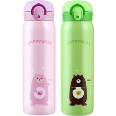 彈蓋式保溫瓶 500ml, 粉紅色+綠色, 2個