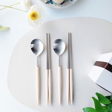 Bogen Eiffel 餐具 2 件套, 銀色(頭)+奶油色(柄), 韓餐湯匙2p+筷子2p