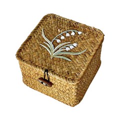 That's That 刺繡織帶附蓋方形藤編收納籃 M, 1個, 莉莉