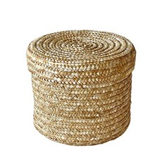 附蓋圓形藤編收納籃, 米色, 1個