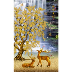 행운이 들어오는 사슴 동양화, 브라운 + 블루 + 옐로우