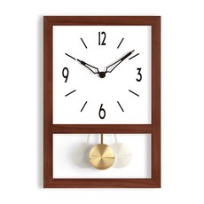 멜라트리 복고풍 원목 시계추 직사각 무소음 벽시계, 다크브라운1
