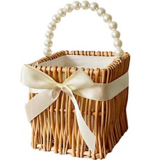 댓츠댓 珍珠絲質緞帶藤編方形籃, 1個, 棕色