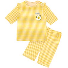Uni FRIend 孩童笑臉太陽花格紋印花荷葉邊短袖居家服+休閒7分褲