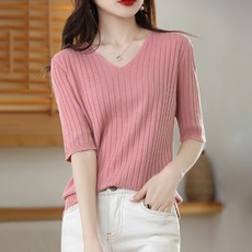 Alode La Belle 女款V領羅紋短袖針織衫