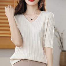 Alode La Belle 女款V領羅紋短袖針織衫