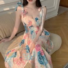 BONARAON 可愛花卉開衩連身裙, 01 玫瑰花