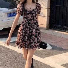 Bonaraon 可愛花朵迷你連身裙, 01黑色