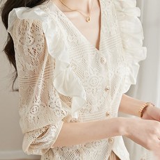 PAPERMENTS 女款V領肩部荷葉邊長袖透視春季襯衫 03811