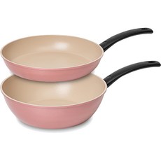 QUEEN SENSE Pink Bean鍋具2件組, 平底鍋 28cm+炒鍋 28cm, 粉色