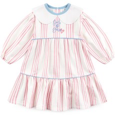 milk mile 童款粉色直條紋翻領泡泡袖連身裙