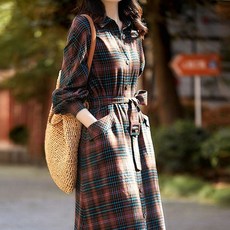 Paperments Pegeul 春秋款附腰帶格紋襯衫式洋裝 03868 含大尺碼, 紅綠色