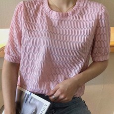 몬드스팟 여성용 라운드넥 주름 패턴 퍼프 소매 반팔티 JN522