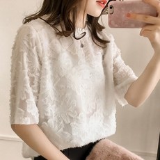 MEICHEL 女款圓領立體花朵短袖透膚雪紡衫 01974