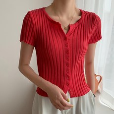 MEICHEL Colorpin 可愛坑條紋短袖修身針織開襟衫 02014