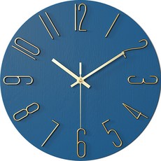 27LIVING 靜音掛鐘, 簡約木質調藍色 + 金色
