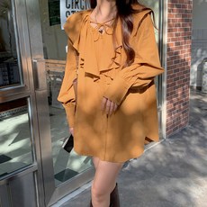 메이첼 여성용 블랑리 빅사이즈 프릴 루즈핏 롱 셔츠 블라우스 01981