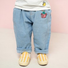 milk mile 童款蘋果與小熊刺繡寬鬆感牛仔褲