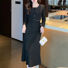 비비에모 3중 프릴 카라 니트 상의 롱 스커트 투피스 세트 02768