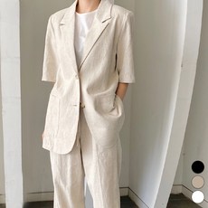 페이퍼먼츠 여성용 통기성 여름 린넨 카라넥 반팔 블레이저 자켓 02027