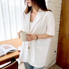 페이퍼먼츠 여성용 통기성 여름 린넨 카라넥 반팔 블레이저 자켓 02027