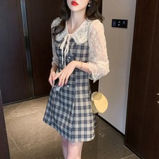 Paperments 蕾絲拼接格紋西裝感連身裙 03924, 灰色