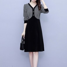 ATTERLIC 千鳥格紋V領修身線條長袖連身裙 01736 含大尺碼, 黑色