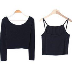 시크블랙 여성용 파인투 슬림핏 오프숄더 무지 티셔츠 + 밴딩 끈나시 세트 cpset2538k31