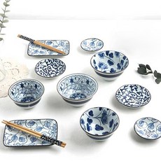 Govan Hanabi家庭2人餐具 12件組, 藍白色圖案組合, 小碗 2入+菜盤 2入+醬碗 2入+涼菜盤 2入+長方盤 2入+筷子 2雙