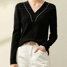 페이퍼먼츠 여성용 브이 스티치 골지 니트 데일리 티셔츠 03908