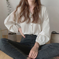 두봄 라운드넥 소매퍼프 셔츠